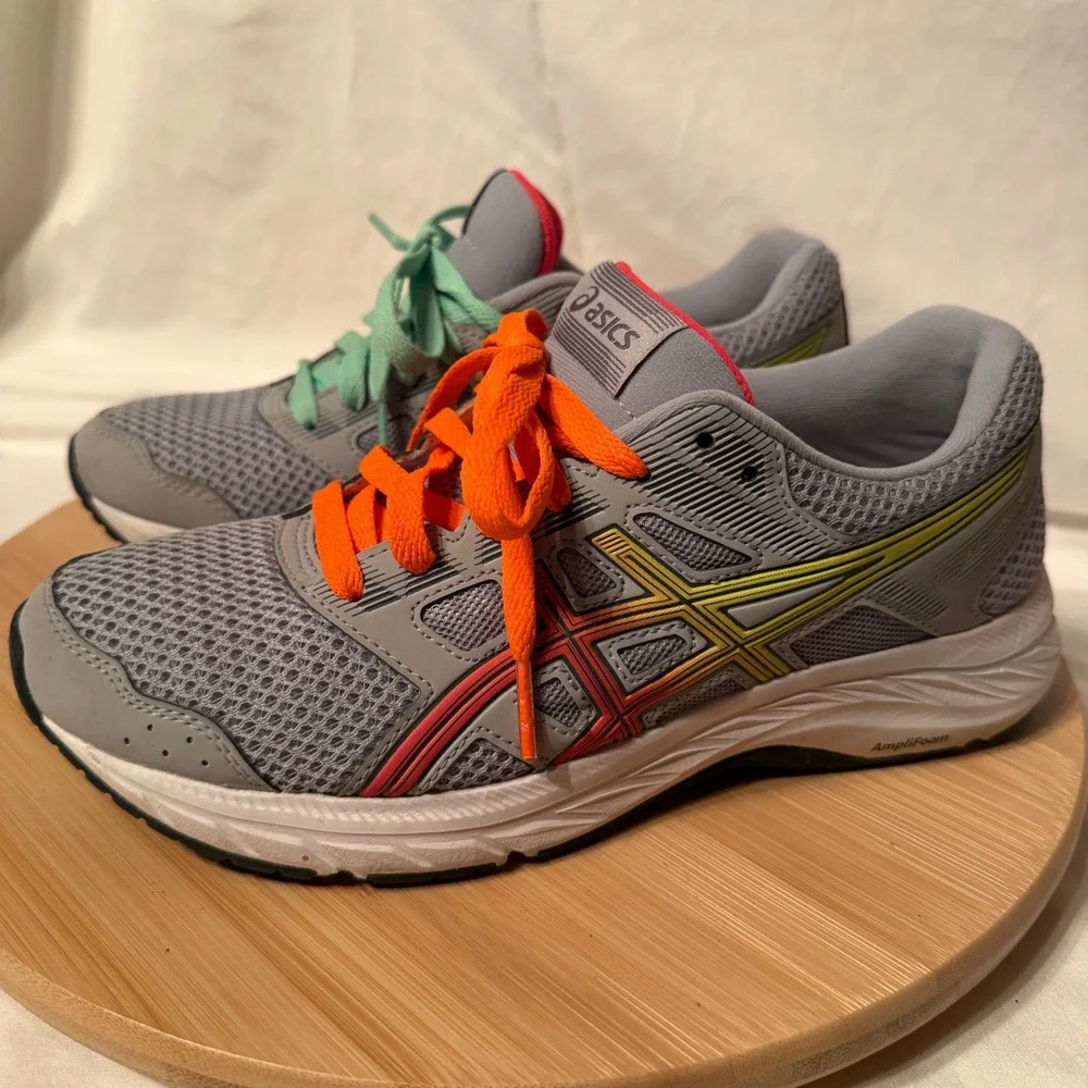 Asics Gel-Contend 5 Womens Running Shoes Grey Neon Orange Mint 1012A234 Size 7.5
